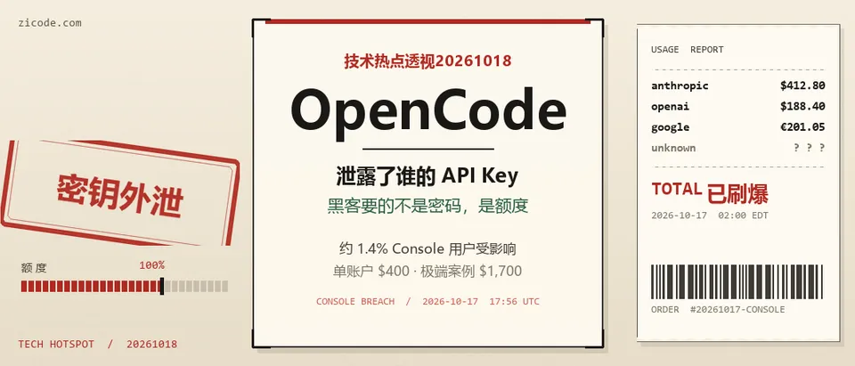技术热点透视20261018：OpenCode 泄露 API Key，账单比通报来得早