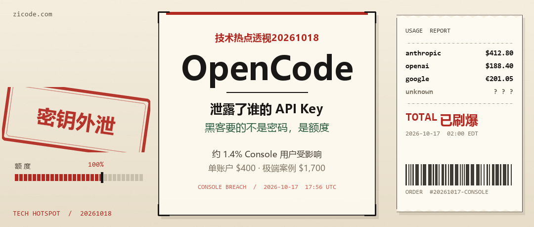 技术热点透视20261018：OpenCode 泄露 API Key，账单比通报来得早