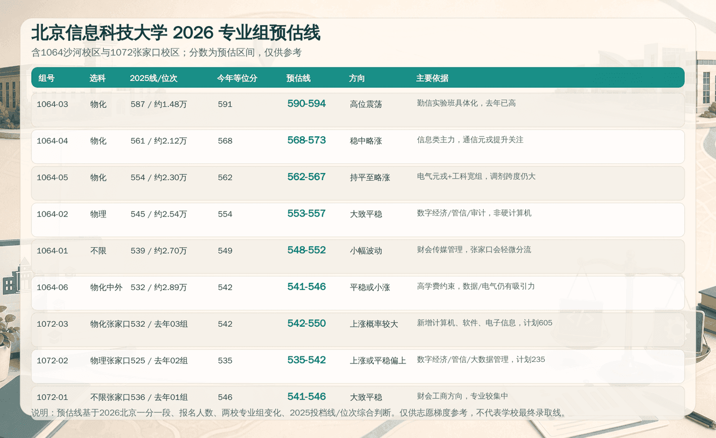 北京信息科技大学 2026 专业组预估线。图中分数为预估区间，仅供志愿梯度参考，不代表学校最终录取线。