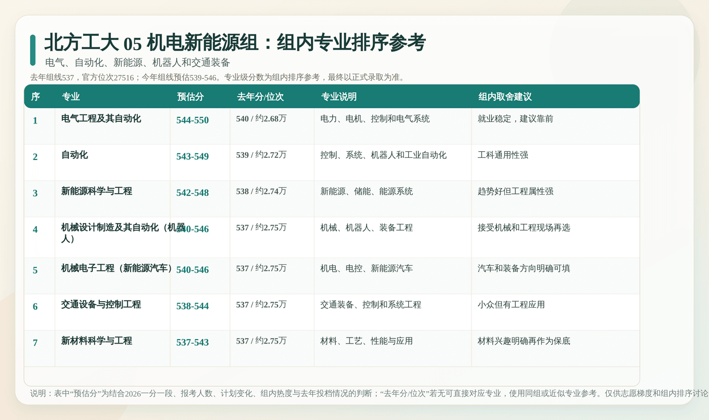 北方工大 05 机电新能源组内专业排序参考：逐专业列出预估分、去年分位、专业说明和填报建议。