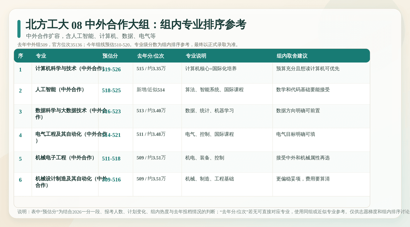 北方工大 08 中外合作大组内专业排序参考：逐专业列出预估分、去年分位、专业说明和填报建议。