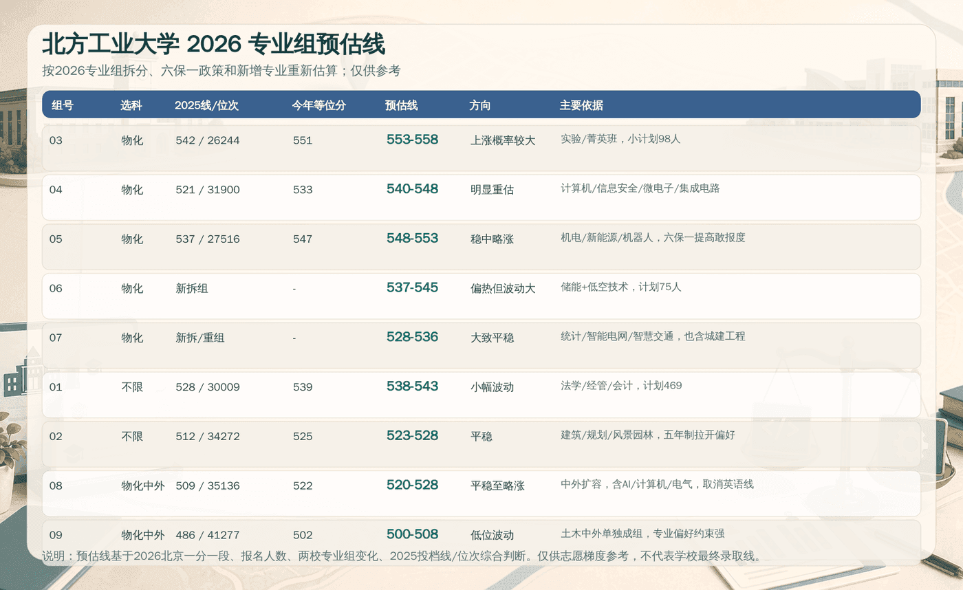 北方工业大学 2026 专业组预估线。图中分数为预估区间，仅供志愿梯度参考，不代表学校最终录取线。
