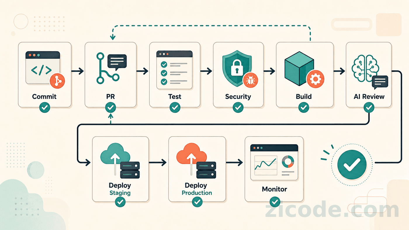 Automation workflow from commit to PR, test, build, AI review, deploy, and monitor