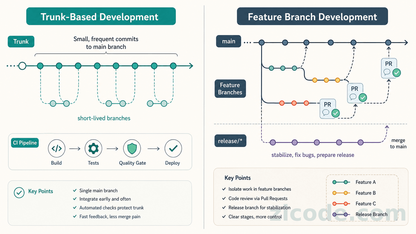 Trunk-based development versus feature branch development