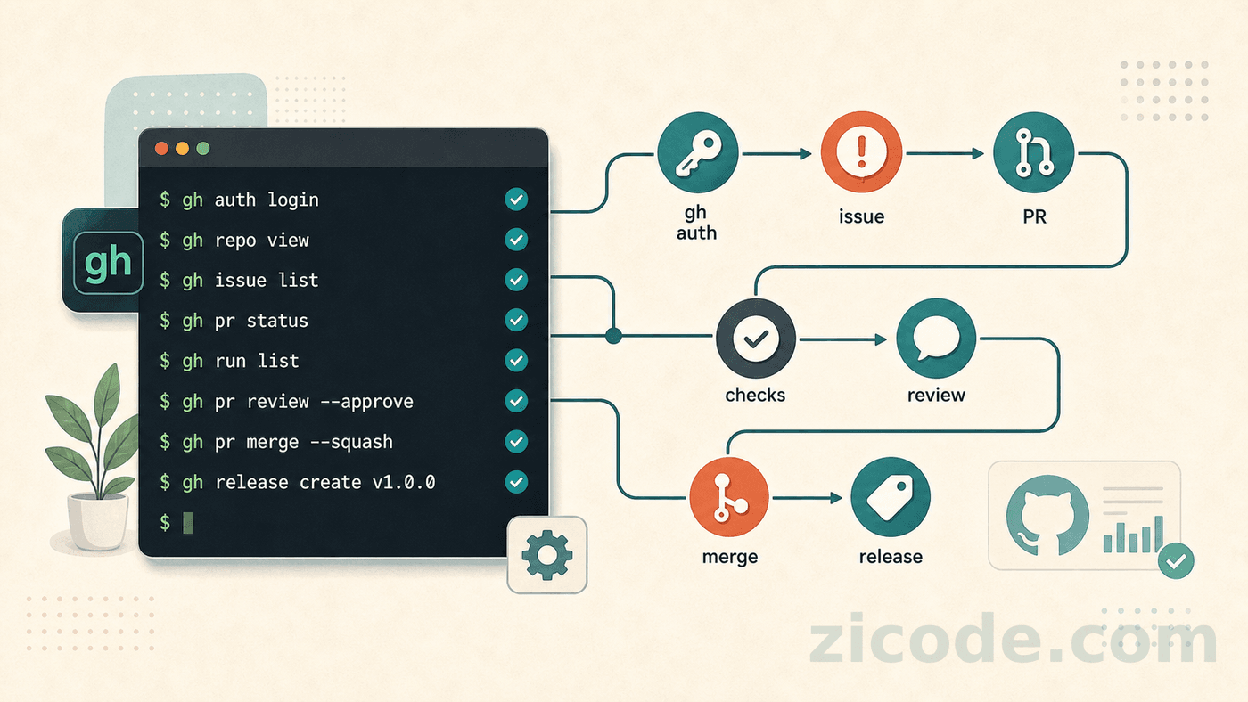 GitHub CLI workflow for issue, PR, checks, review, and merge