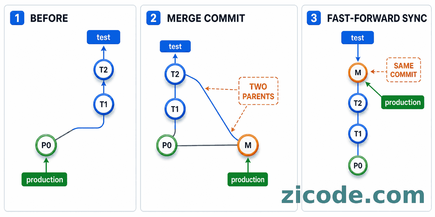 长期 test 与 production 分支通过双父 merge commit 发布,再 fast-forward 回同步