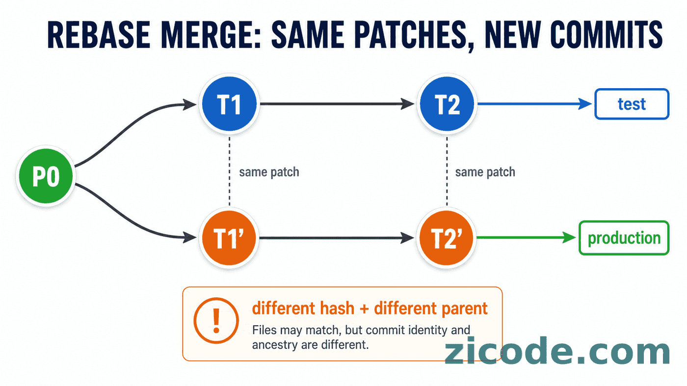 rebase merge 会重放补丁并生成新的提交,导致长期测试分支与生产分支的提交身份分叉