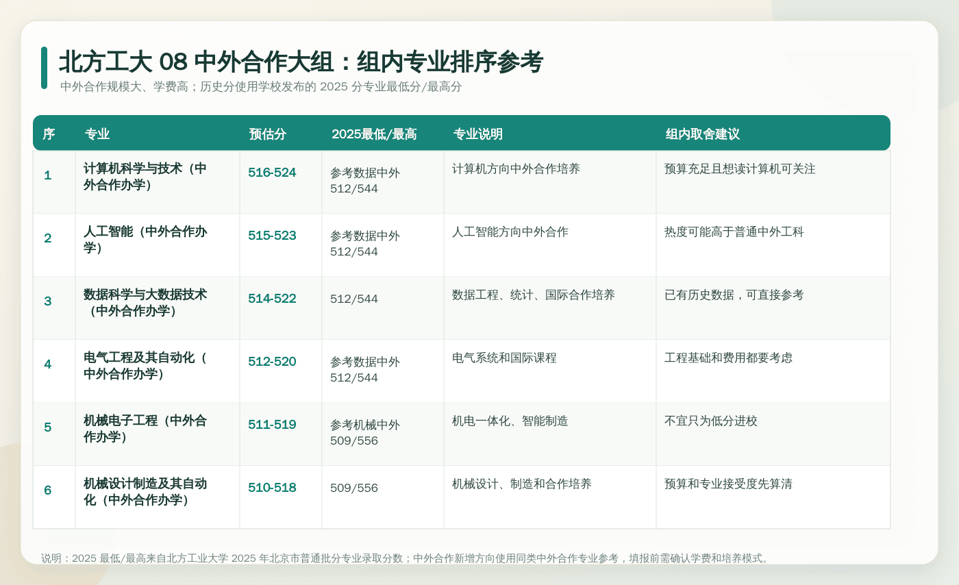 北方工大 08 中外合作大组内专业排序参考。
