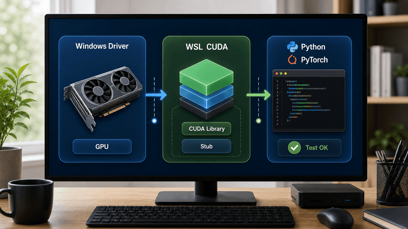 Windows 驱动、WSL CUDA 库和 Python/PyTorch 的调用链路