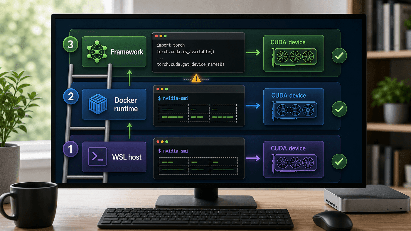 WSL 宿主、Docker runtime 和框架 device 三层 GPU 排障