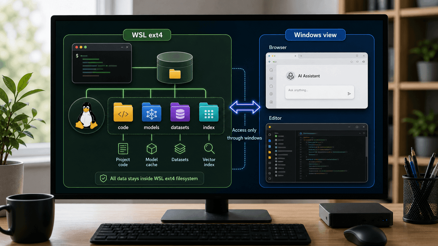 代码、模型缓存、数据集和索引都留在 WSL ext4 文件系统
