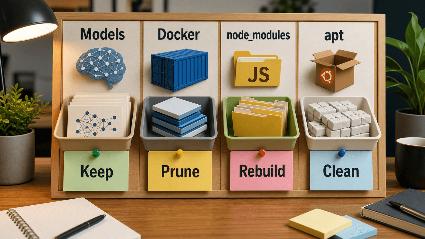 把模型缓存、Docker 镜像、node_modules 和 apt 缓存分开处理