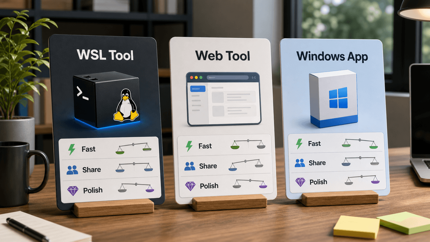 内部 WSL 工具、Web 工具和 Windows 原生应用三种分发路径的取舍