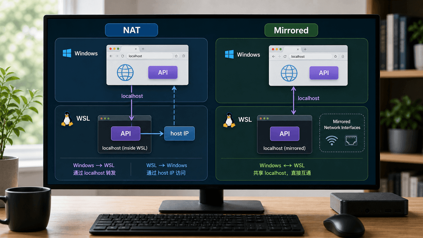NAT 模式与 mirrored networking 的访问路径差异