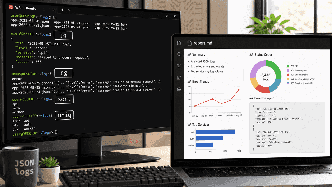 在 WSL 终端里用 jq、rg、sort、uniq 分析 JSON 日志，并沉淀成 Markdown 报告