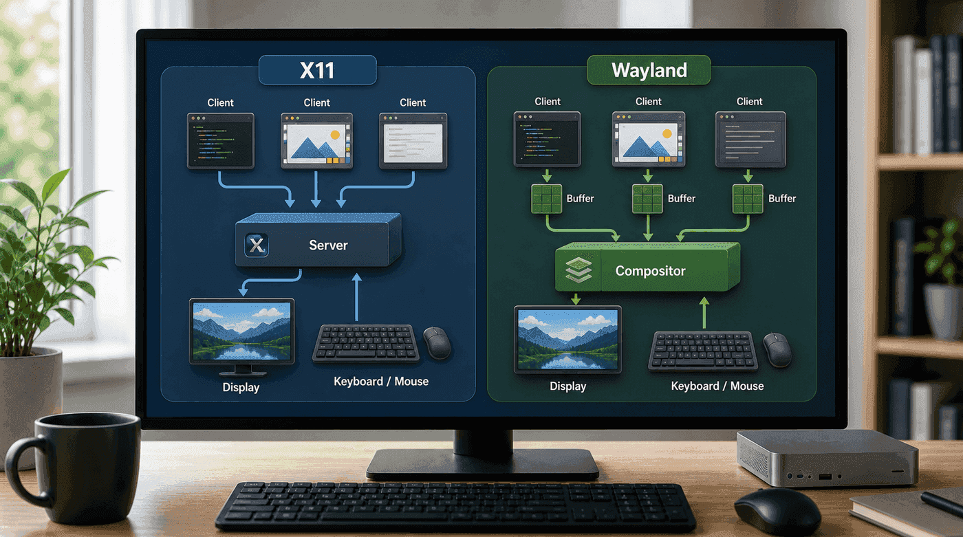 X11 server/client 模型与 Wayland compositor/buffer 模型对比