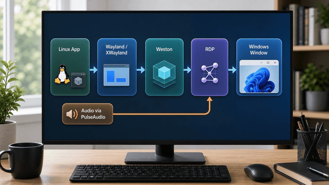 WSLg 内部从 Linux 应用到 Windows 窗口的链路
